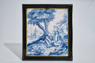 Une grande plaque rectangulaire en faïence de Delft au cadre en Delft noir, 18ème