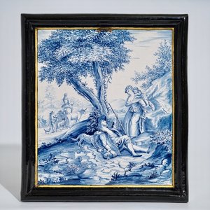 Une grande plaque rectangulaire en faïence de Delft au cadre en Delft noir, 18ème — photo 1