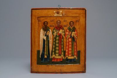 Une icône russe: Les Trois Saints Hiérarques, 19ème