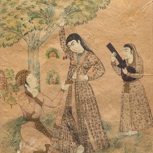 Une miniature persane sur papier: 'Homme agenouillé devant une beauté et sa servante', probablement Inde, 18/19ème — photo 1