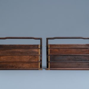 Une paire de boîtes de forme rectangulaire en bois de hongmu à trois compartiments, 19ème — photo 2