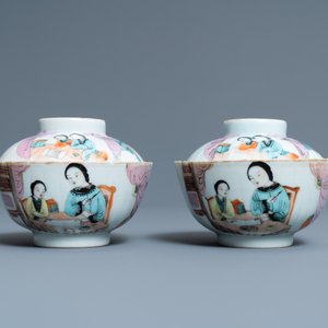 Une paire de bols couverts sur présentoirs en porcelaine de Chine qianjiang cai, 19/20ème — photo 2