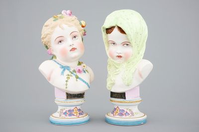 Une paire de bustes en biscuit polychrome, "Le printemps" et "L'Hiver", Vion et Baury, Paris, 19ème