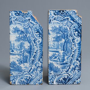 Une paire de carreaux de coin de poêle en faïence d'Hambourg en bleu et blanc, Allemagne, 18ème — photo 3