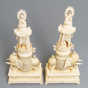 Une paire de groupes en ivoire incrusté figurant Bouddha et Guanyin sur un éléphant, vers 1900 — photo 6