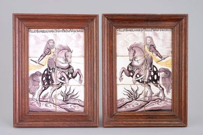 Une paire de panneaux de carreaux au décor du Prince d'Orange Guillaume sur cheval, 18ème