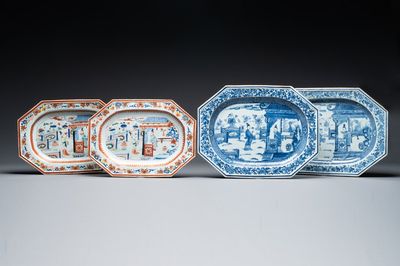 Une paire de plats de forme octogonale en porcelaine de Chine en bleu et blanc à décor de 'Xi Xiang Ji' et une paire de plats famille rose, Yongzheng