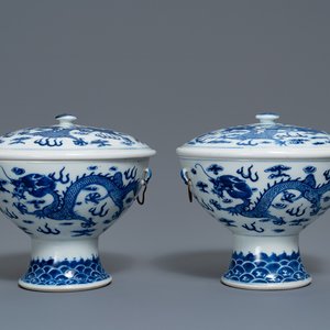 Une paire de pots couverts en porcelaine de Chine en bleu et blanc, 19ème — photo 1