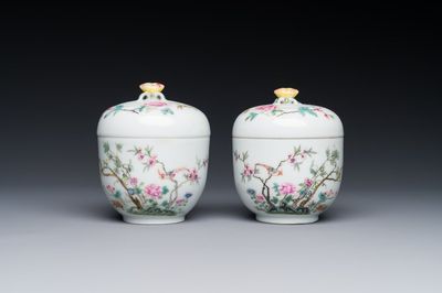 Une paire de pots couverts en porcelaine de Chine famille rose à décor d'oiseaux et de fleurs, marque et époque Guangxu