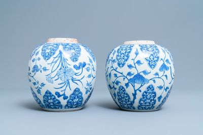 Une paire de pots en porcelaine de Chine en bleu et blanc à décor floral, Kangxi