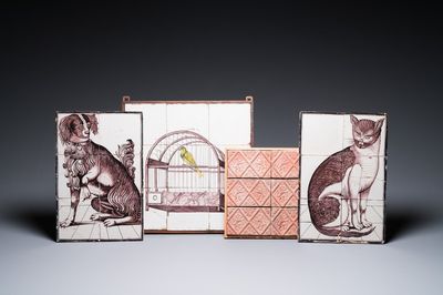 Une paire de tableaux de carreaux de Delft à décor d'un chat et d'un chien, un tableau au cage à oiseaux et six briques réfractaires, 18/19ème