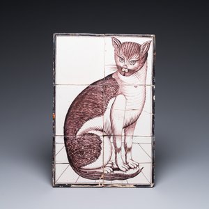 Une paire de tableaux de carreaux de Delft à décor d'un chat et d'un chien, un tableau au cage à oiseaux et six briques réfractaires, 18/19ème — photo 3