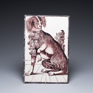 Une paire de tableaux de carreaux de Delft à décor d'un chat et d'un chien, un tableau au cage à oiseaux et six briques réfractaires, 18/19ème — photo 4