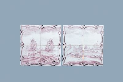 Une paire de tableaux de carreaux en faïence de Delft à décor d'une chasse à la baleine et une aux cerfs, 18ème