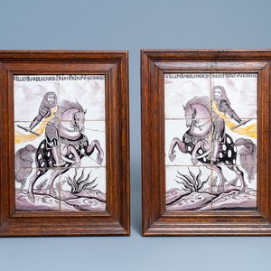 Une paire de tableaux de carreaux en faïence de Delft figurant Guillaume III d'Orange-Nassau sur son cheval, 18ème — photo 1