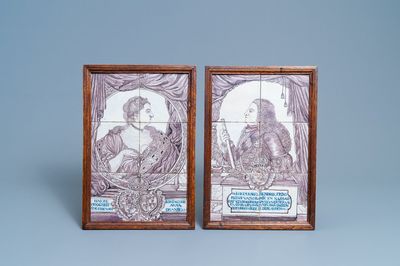 Une paire de tableaux de carreaux en faïence de Delft figurant Guillaume III d'Orange-Nassau et Marie II, 18ème