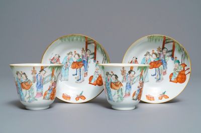 Une paire de tasses et soucoupes en porcelaine de Chine famille rose, marque et époque de Xianfeng