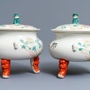 Une paire de terrines couvertes en porcelaine de Chine famille rose, 19/20ème — photo 2
