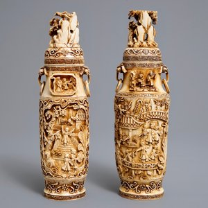 Une paire de vases couverts en ivoire sculpté, Chine, 1er quart du 20ème — photo 4