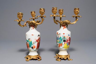 Une paire de vases en porcelaine de Chine famille rose montés comme candelabres, Yongzheng