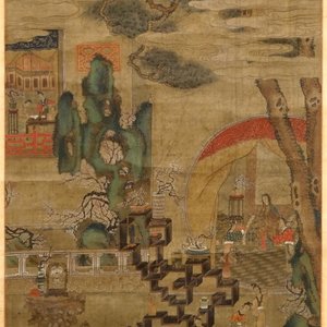 Une peinture rouleau sur soie figurant une scène de jardin, signé, Chine, 18/19ème — photo 1