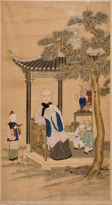 Une peinture sur papier de riz d'une femme et ses servants, 18/19ème