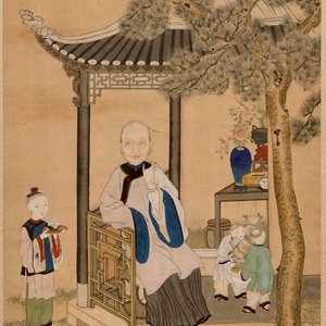 Une peinture sur papier de riz d'une femme et ses servants, 18/19ème — photo 1