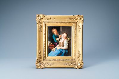 Une plaque à décor d'un couple romantique en porcelaine K.P.M. de Berlin, Allemagne, 19ème