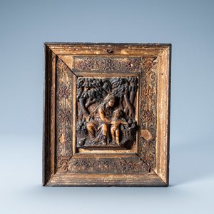 Une plaque en albâtre rehaussé d’or représentant la Vierge et l'Enfant dans un jardin, Malines, marque GNN poss. de Gielis Neins, début du 17ème — photo 1