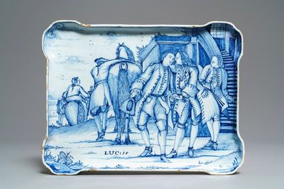 Une plaque en faïence de Delft bleu et blanc à décor du 'Retour du fils prodigue', 18ème