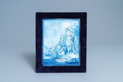 Une plaque en faïence de Delft en bleu et blanc à décor de 'Jésus et la Samaritaine', datée 1767