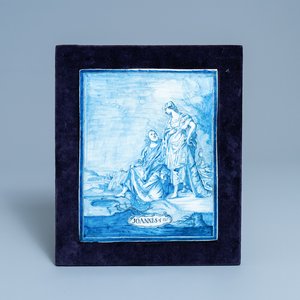 Une plaque en faïence de Delft en bleu et blanc à décor de 'Jésus et la Samaritaine', datée 1767 — photo 1