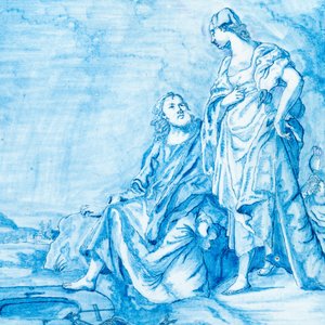 Une plaque en faïence de Delft en bleu et blanc à décor de 'Jésus et la Samaritaine', datée 1767 — photo 2
