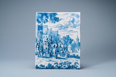 Une plaque en faïence de Delft en bleu et blanc à décor d'une scène de village, 2ème moitié du 17ème