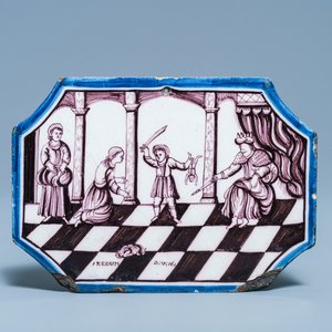 Une plaque en faïence de Delft en manganèse à décor du 'Jugement de Solomon', fin du 18ème — photo 1