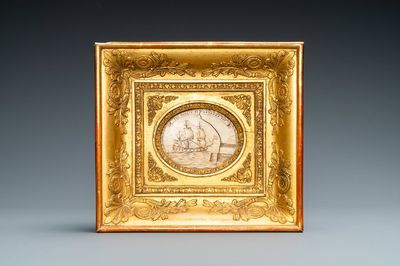 Une plaque en ivoire gravé représentant un navire avec inscription 'S'il mollit, il n'entrera pas', France, 18ème