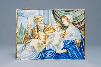 Une plaque en majolique italienne à décor de l'Adoration, Castelli, 18ème