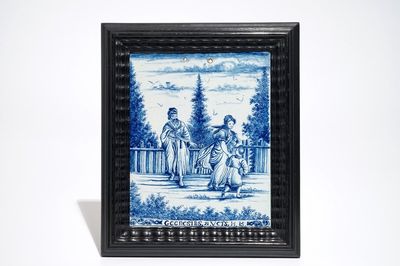 Une plaque rectangulaire en faïence de Delft bleu et blanc au sujet religieux, 18ème