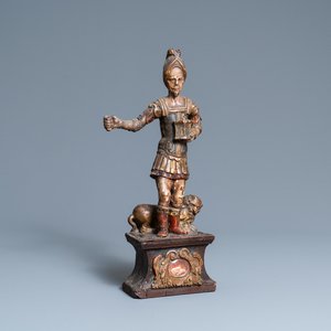 Une statue de Saint Adrien en bois sculpté et polychromé sur socle reliquaire, 17ème — photo 1