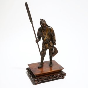 Une statuette d'un pêcheur en bronze, sur socle en bois, marqué Miyao, Japon — photo 2