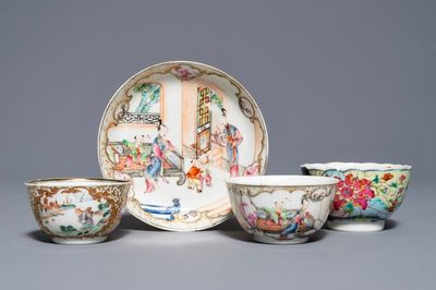Une tasse et soucoupe à décor 'mandarin' et deux tasses en porcelaine de Chine famille rose, Yongzheng/Qianlong