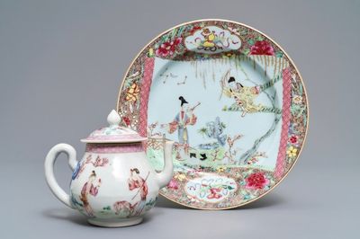 Une théière couverte et une assiette en porcelaine de Chine famille rose, Yongzheng/Qianlong