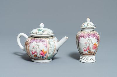 Une théière et une boîte à thé en porcelaine de Chine famille rose à décor d'une dame et son petit chien, Yongzheng/Qianlong