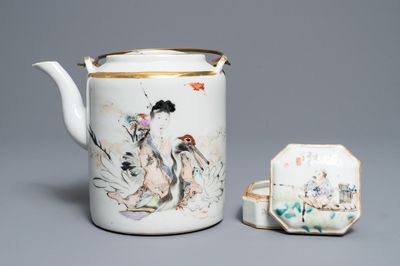Une théière et une boîte couverte en porcelaine de Chine qianjiang cai, signées Ma Qingyun, 19/20ème