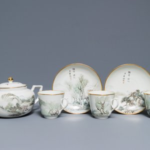 Une théière, trois tasses et deux soucoupes en porcelaine de Chine qianjiang cai, 1ère moitié du 20ème — photo 2