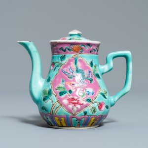 Une verseuse couverte en porcelaine de Chine famille rose à fond turquoise pour le marché Straits ou Peranakan, 19ème — photo 2