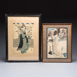 Utagawa Kunisada (1786–1865) and Kikukawa Eizan (1787–1867): 'two woodblock prints, Japan, Edo, 19th C. — 照片 1