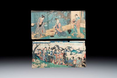 Utagawa Kunisada (1786–1865): 'Mitsuji Yoshinoyama Sakuragari' and 'Ashikaga Mitsuuji Rokujō-dōshi', woodblock prints, Japan, Edo, 19th C.