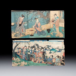 Utagawa Kunisada (1786–1865): 'Mitsuji Yoshinoyama Sakuragari' and 'Ashikaga Mitsuuji Rokujō-dōshi', woodblock prints, Japan, Edo, 19th C. — foto 1