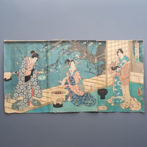 Utagawa Kunisada (1786–1865): 'Mitsuji Yoshinoyama Sakuragari' and 'Ashikaga Mitsuuji Rokujō-dōshi', woodblock prints, Japan, Edo, 19th C. — foto 2
